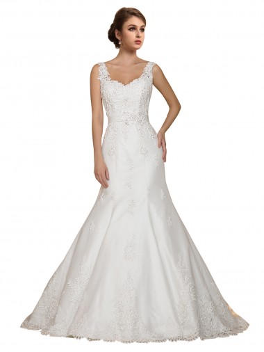 V-Neck Chapel Train Lace Ivory Cap Sleeves Wedding Dress Darwin