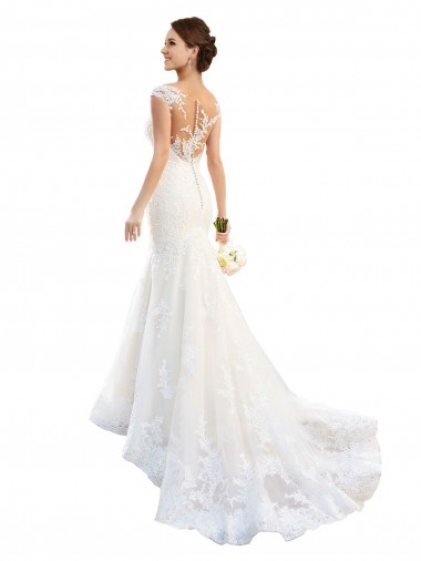 Illusion Neck Chapel Train Lace White Cap Sleeves Wedding Dress Darwin