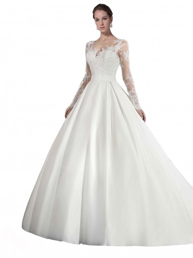 Illusion Neck Cathedral Train Satin & Lace White Long Sleeves Wedding Dress Darwin