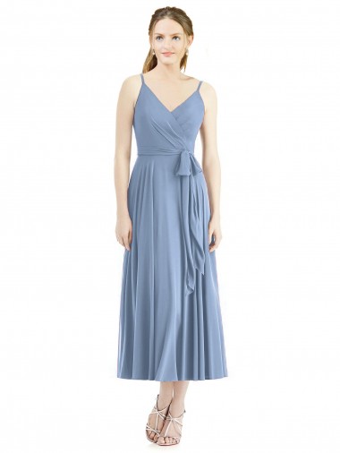 Spaghetti Straps Tea Length Soft Chiffon Dusty Blue Sleeveless Bridesmaid Dress Darwin