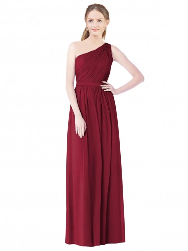 One Shoulder Long Soft Chiffon Burgundy Sleeveless Bridesmaid Gown Darwin