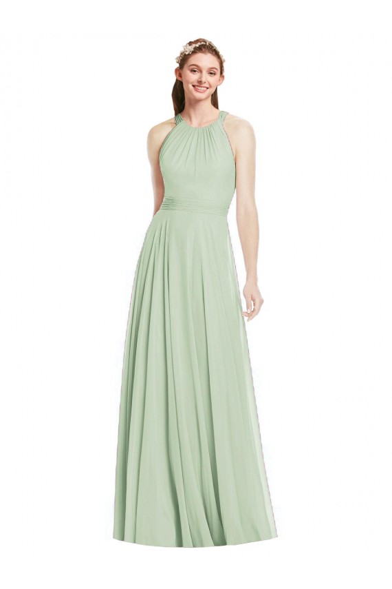 Halter Neck Long Chiffon Sage Sleeveless Bridesmaid Dress / Evening Dress Darwin