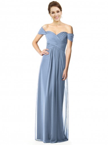 Off the Shoulder Long Soft Chiffon Dusty Blue Cap Sleeves Bridesmaid Dress Darwin