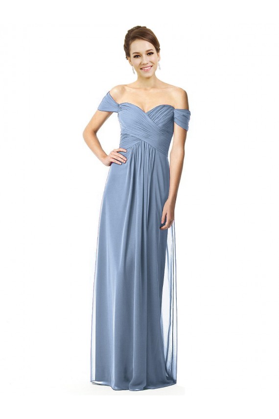 Off the Shoulder Long Soft Chiffon Dusty Blue Cap Sleeves Bridesmaid Dress Darwin