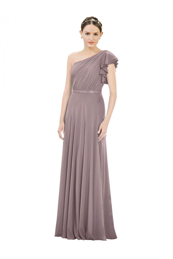 One Shoulder Long Soft Chiffon Dusty Rose Sleeveless Bridesmaid Dress Darwin