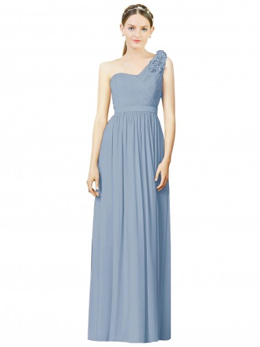 One Shoulder Long Soft Chiffon Dusty Blue Sleeveless Bridesmaid Dress Darwin