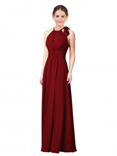 Halter Neck Long Soft Chiffon Burgundy Sleeveless Bridesmaid Dress Darwin