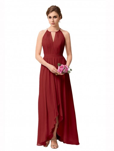 High Neck Soft Chiffon Burgundy Sleeveless High Low Bridesmaid Dress Darwin