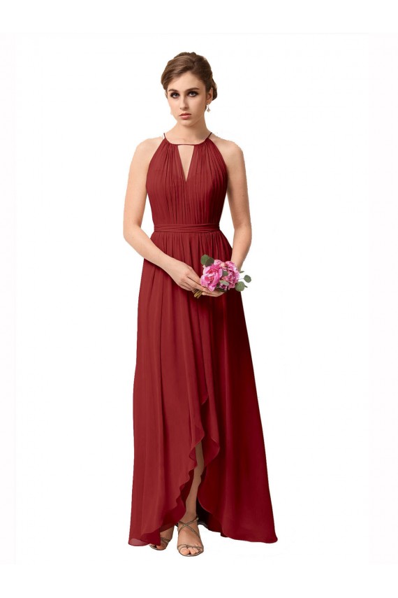 High Neck Soft Chiffon Burgundy Sleeveless High Low Bridesmaid Dress Darwin