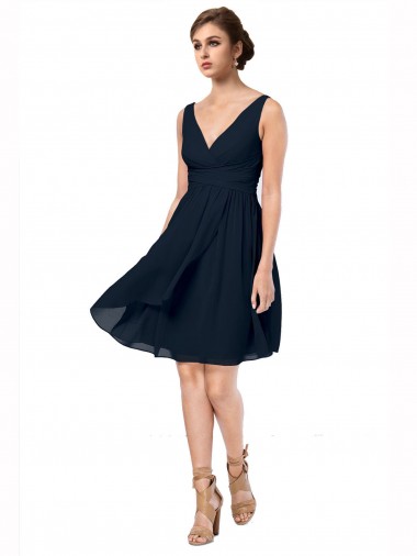 V-Neck Knee Length Soft Chiffon Dark Navy Sleeveless Bridesmaid Dress Darwin