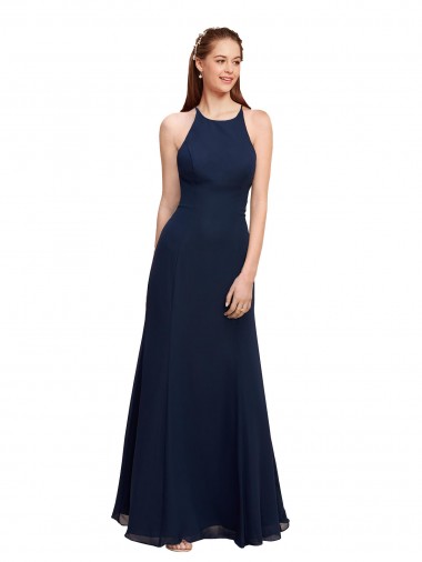 High Neck Long Soft Chiffon Dark Navy Sleeveless Prom Dress / Bridesmaid Dress Darwin