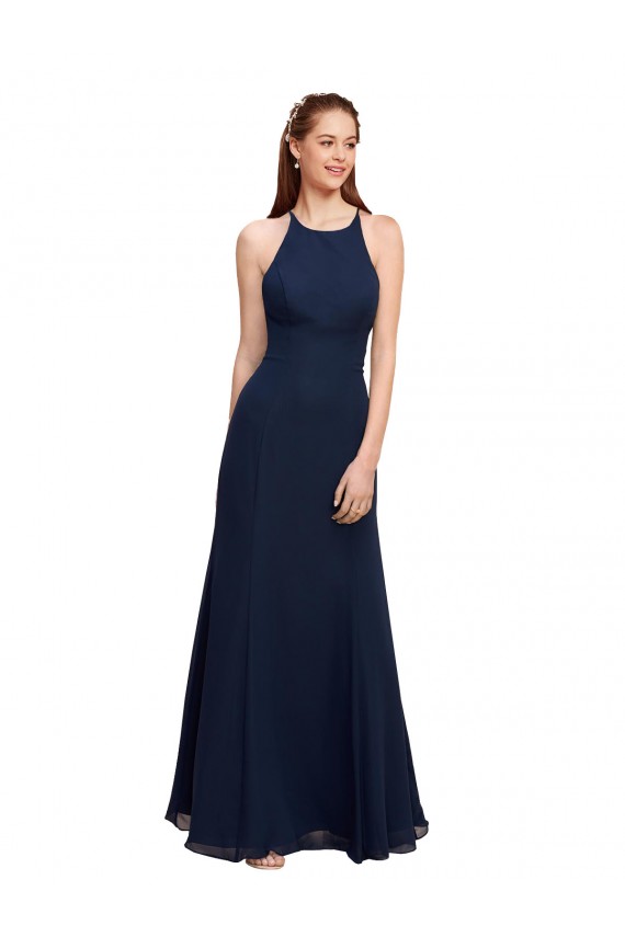 High Neck Long Soft Chiffon Dark Navy Sleeveless Prom Dress / Bridesmaid Dress Darwin