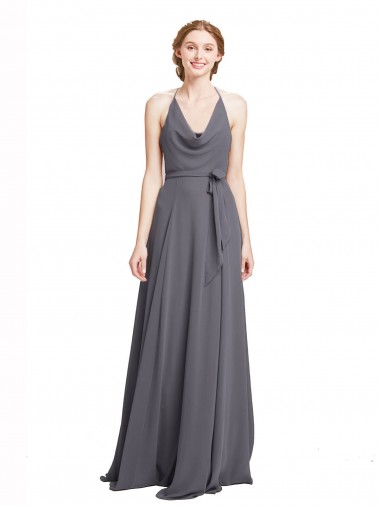 Halter Neck Long Soft Chiffon Slate Grey Sleeveless Bridesmaid Dress Darwin