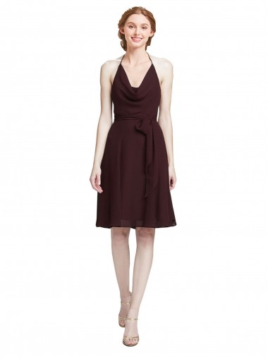 Halter Neck Knee Length Soft Chiffon Burgundy Gold Sleeveless Bridesmaid Dress Darwin