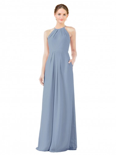 High Neck Long Soft Chiffon Dusty Blue Sleeveless Bridesmaid Dress Darwin