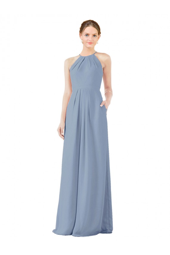 High Neck Long Soft Chiffon Dusty Blue Sleeveless Bridesmaid Dress Darwin