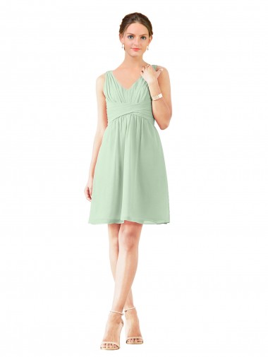 V-Neck Knee Length Soft Chiffon Sage Sleeveless Bridesmaid Dress Darwin