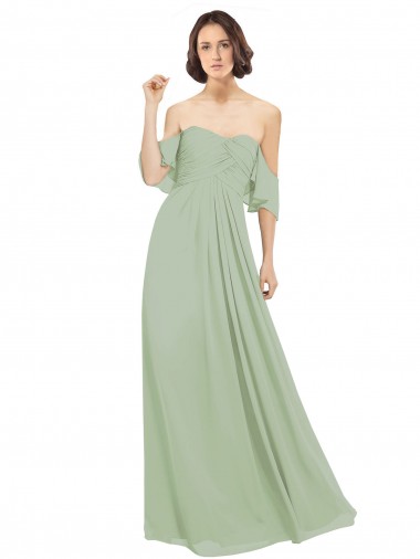 Off the Shoulder Long Soft Chiffon Smoke Green Cold Shoulder Bridesmaid Dress Darwin