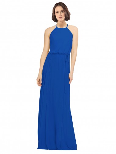 Jewel Neck Long Soft Chiffon Royal Blue Sleeveless Bridal Party Dress Darwin