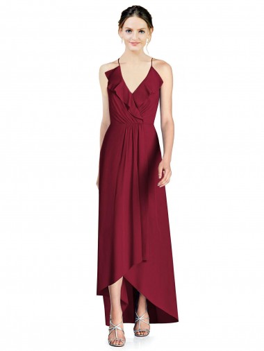 V-Neck Long Soft Chiffon Burgundy Sleeveless High Low Bridesmaid Dress Darwin