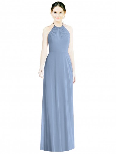 Halter Neck Long Floor Length Chiffon Dusty Blue Sleeveless Bridesmaid Dress Darwin