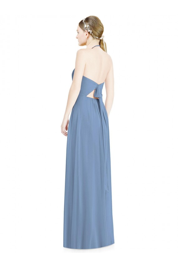 Halter Neck Long Floor Length Chiffon Dusty Blue Sleeveless Bridesmaid Dress Darwin