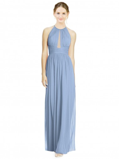 Halter Neck Long Chiffon Dusty Blue Sleeveless Wedding Party Dress Darwin