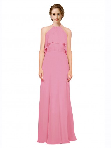 High Neck Long Soft Chiffon Skin Pink Sleeveless Bridesmaid Dress Darwin