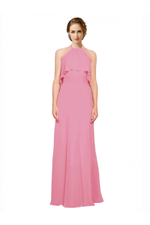 High Neck Long Soft Chiffon Skin Pink Sleeveless Bridesmaid Dress Darwin