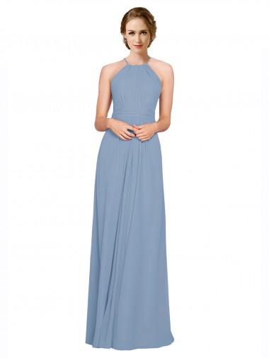 High Neck Long Chiffon Dusty Blue Sleeveless Bridesmaid Dress / Evening Dress Darwin