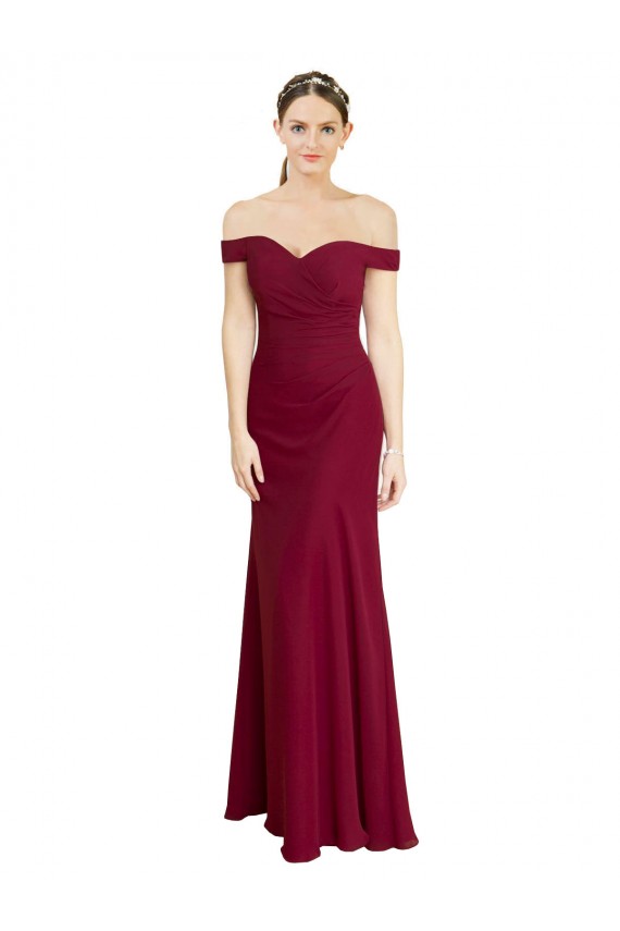 Off the Shoulder Long Soft Chiffon Burgundy Sleeveless Black Tie Prom Dress / Bridesmaid Dress Darwin