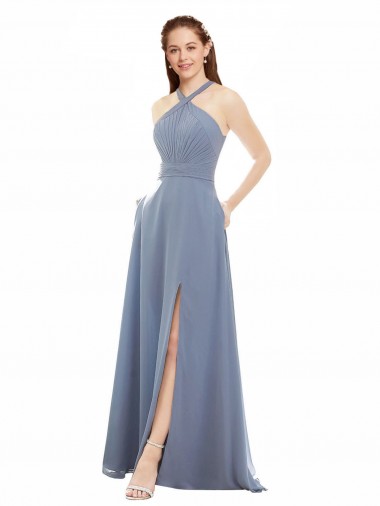 High Neck Long Soft Chiffon Dusty Blue Sleeveless Evening Dress / Bridal Party Dress Darwin