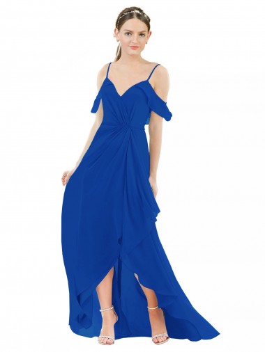 V-Neck Long Soft Chiffon Royal Blue Cold Shoulder High Low Bridesmaid Dress Darwin