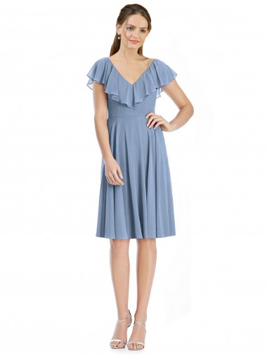 V-Neck Cocktail Length Soft Chiffon Dusty Blue Cap Sleeves Bridesmaid Dress Darwin