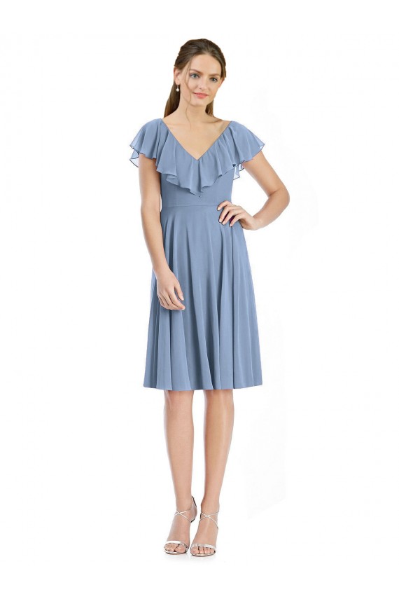 V-Neck Cocktail Length Soft Chiffon Dusty Blue Cap Sleeves Bridesmaid Dress Darwin