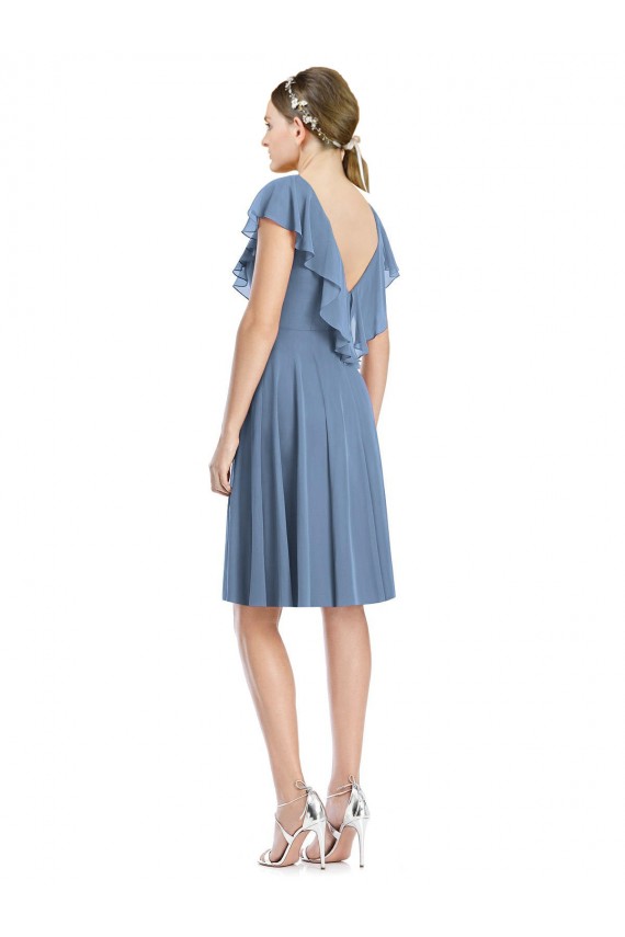 V-Neck Cocktail Length Soft Chiffon Dusty Blue Cap Sleeves Bridesmaid Dress Darwin