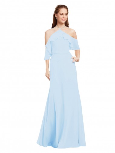 Halter Neck Long Soft Chiffon Light Sky Blue Cold Shoulder Formal Dress / Bridesmaid Dress Darwin