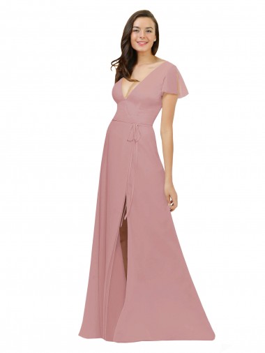 V-Neck Long Chiffon Dusty Pink Flutter Sleeves Bridesmaid Dress / Evening Dress Darwin