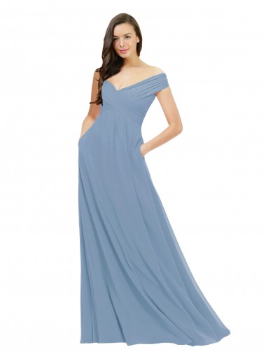 Off the Shoulder Long Chiffon Dusty Blue Sleeveless Bridesmaid Dress / Evening Gowns Darwin