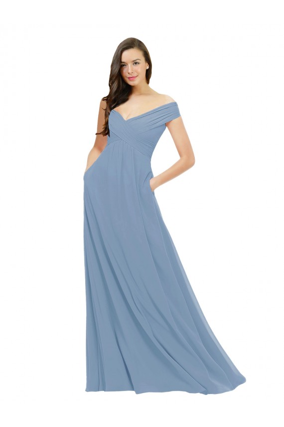 Off the Shoulder Long Chiffon Dusty Blue Sleeveless Bridesmaid Dress / Evening Gowns Darwin