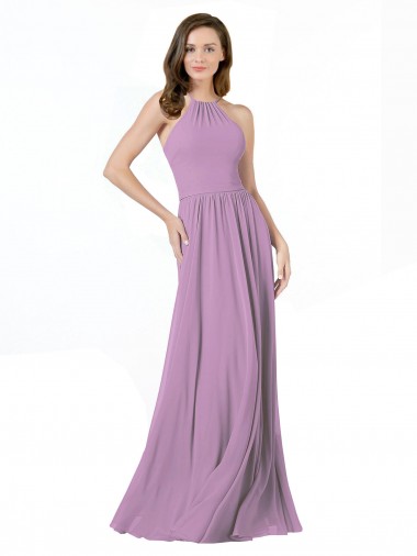 Halter Neck Long Soft Chiffon Dark Lavender Sleeveless Bridesmaid Dress Darwin