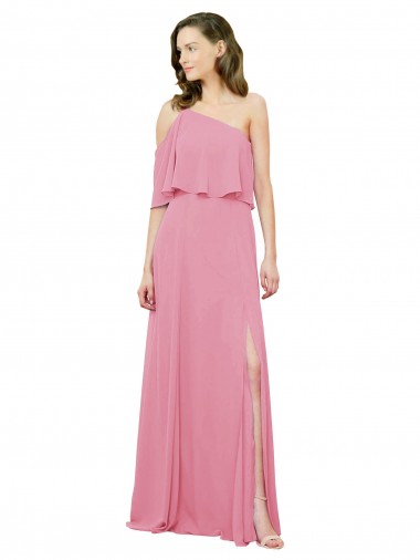 One Shoulder Long Soft Chiffon Skin Pink Sleeveless Bridal Party Dress Darwin