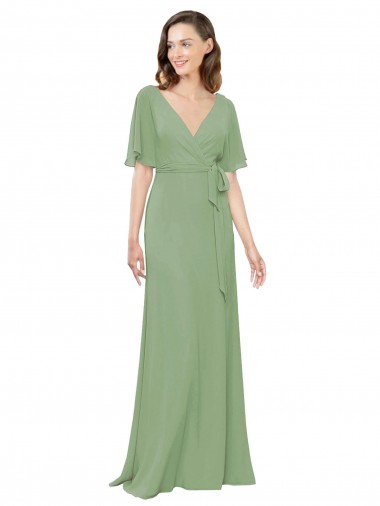 V-Neck Long Soft Chiffon Seagrass Short Flutter Sleeves Bridesmaid Dress Darwin