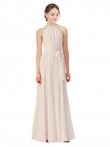 High Neck Long Soft Chiffon Cream Pink Sleeveless Bridesmaid Dress Darwin