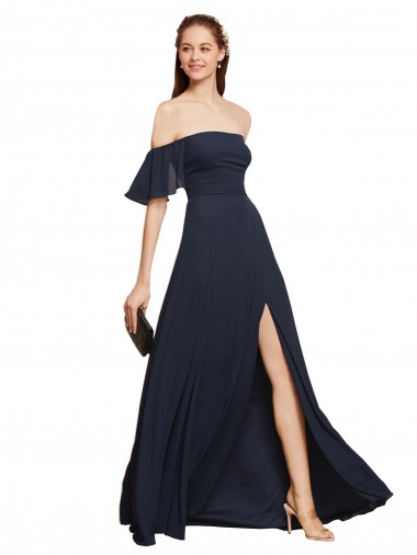 Off the Shoulder Long Soft Chiffon Dark Navy A-Line Sleeveless Prom Dress / Bridesmaid Dress Darwin