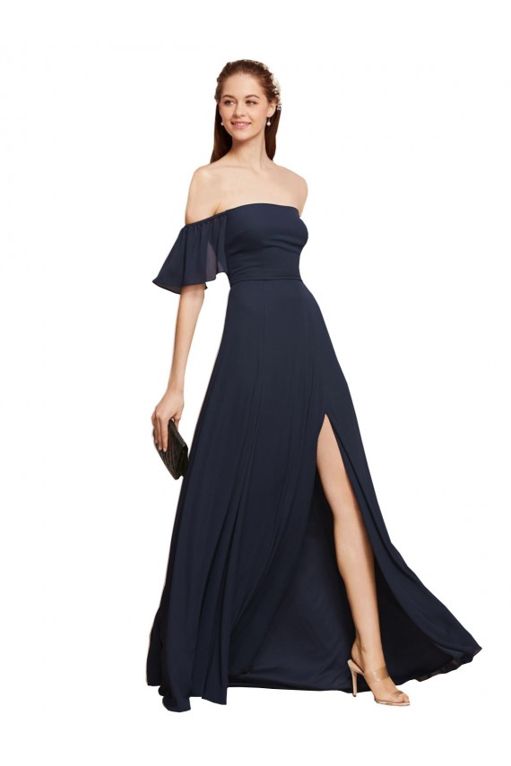 Off the Shoulder Long Soft Chiffon Dark Navy A-Line Sleeveless Prom Dress / Bridesmaid Dress Darwin