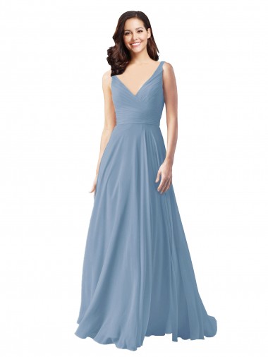 V-Neck Long Chiffon Dusty Blue Sleeveless Wedding Party Dress Darwin