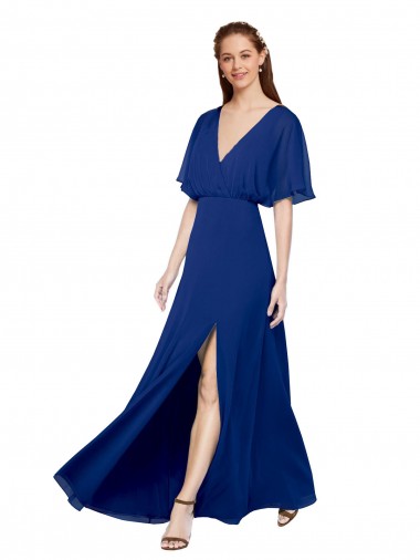 V-Neck Long Chiffon Royal Blue Flutter Sleeves Bridesmaid Dress / Evening Gowns Darwin