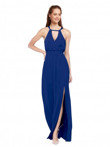 High Neck Long Soft Chiffon Royal Blue A-Line Sleeveless Bridesmaid Dress Darwin