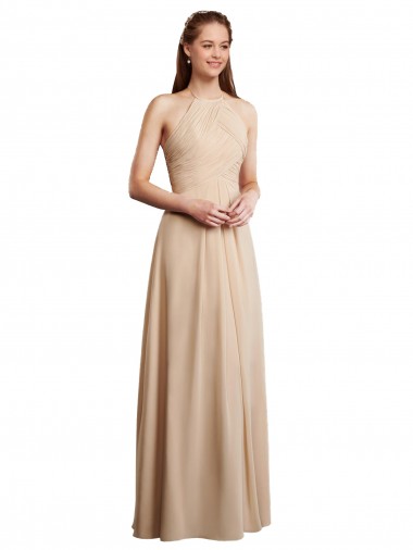 Halter Neck Long Soft Chiffon Champagne Sleeveless Bridesmaid Dress Darwin